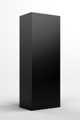 A black box is standing on a white background. The box is tall and narrow, with a dark color