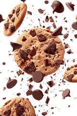 A close up of a chocolate chip cookie with chocolate chips falling from it