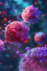 A close up of a pink virus with a blue background