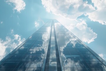 A tall building with a cloudy sky in the background. The sky is blue and the clouds are white