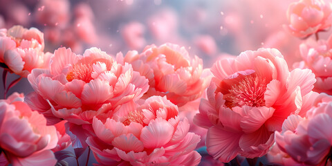 Pink background with colorful peonies in vintage watercolor style.