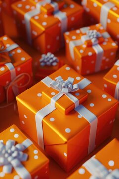 A row of orange boxes with white polka dots on them. The boxes are decorated with bows and ribbons