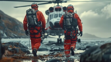 Rescue helicopter in the mountains. Rescue team. Rescue helicopter. - obrazy, fototapety, plakaty