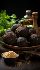 Professional close-up of freshly harvested Peruvian black maca on the table
