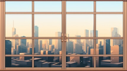 A city view from a window with a city skyline in the background