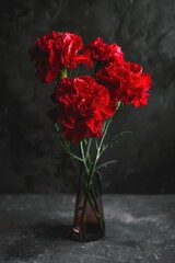A vase of red carnations sits on a dark surface. The flowers are arranged in a way that draws the eye to their beauty. Scene is one of elegance and sophistication