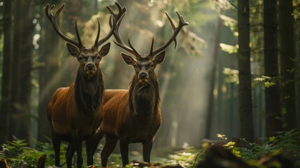 Two stag in the forest during a rut season, staring at camera
 - obrazy, fototapety, plakaty