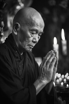 A man is praying in front of a candle. The man is bald and has a beard. He is wearing a black robe