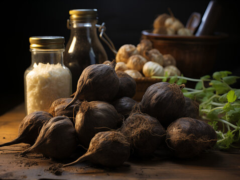Professional close-up of freshly harvested Peruvian black maca on the table