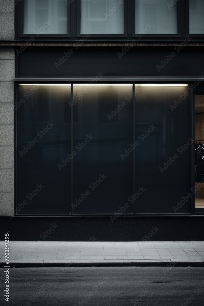 Poster a black storefront with no windows. the building is made of stone and has a modern design