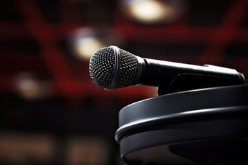 A microphone is sitting on a table. The microphone is black and silver