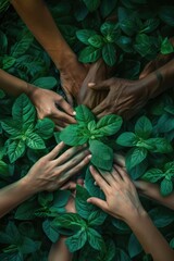 A group of people are holding hands around a plant. Concept of unity and togetherness, as the people are working together to nurture the plant. The green leaves of the plant symbolize growth and life