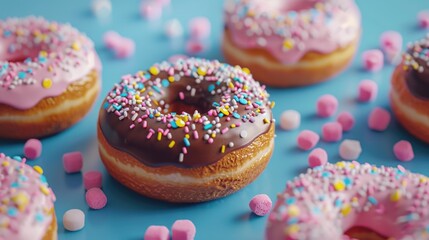 A row of donuts with pink frosting and sprinkles. The donuts are arranged in a row on a blue background - Powered by Adobe