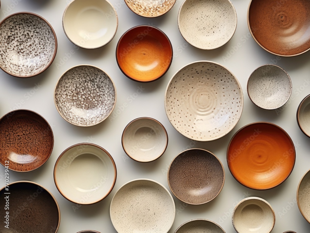 Poster a collection of bowls of various sizes and colors are arranged in a pattern on a white background. t