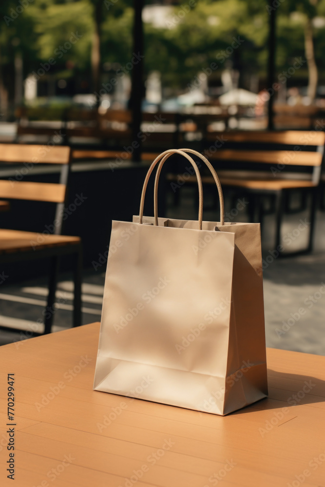 Aufkleber a white paper bag sits on a table in front of a wooden bench. the bag is empty and has a brown handl