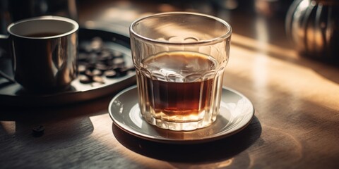 Fototapeta premium A glass of coffee sits on a white plate on a wooden table