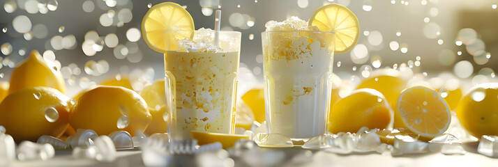 Lemon slush in tall glass with fruit and crushed ice around it on white table with isolated background.