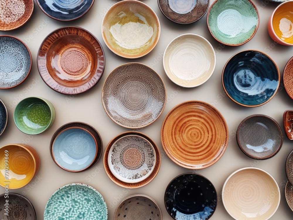 Poster a collection of colorful bowls and plates are arranged in a pattern on a wall. the bowls come in var