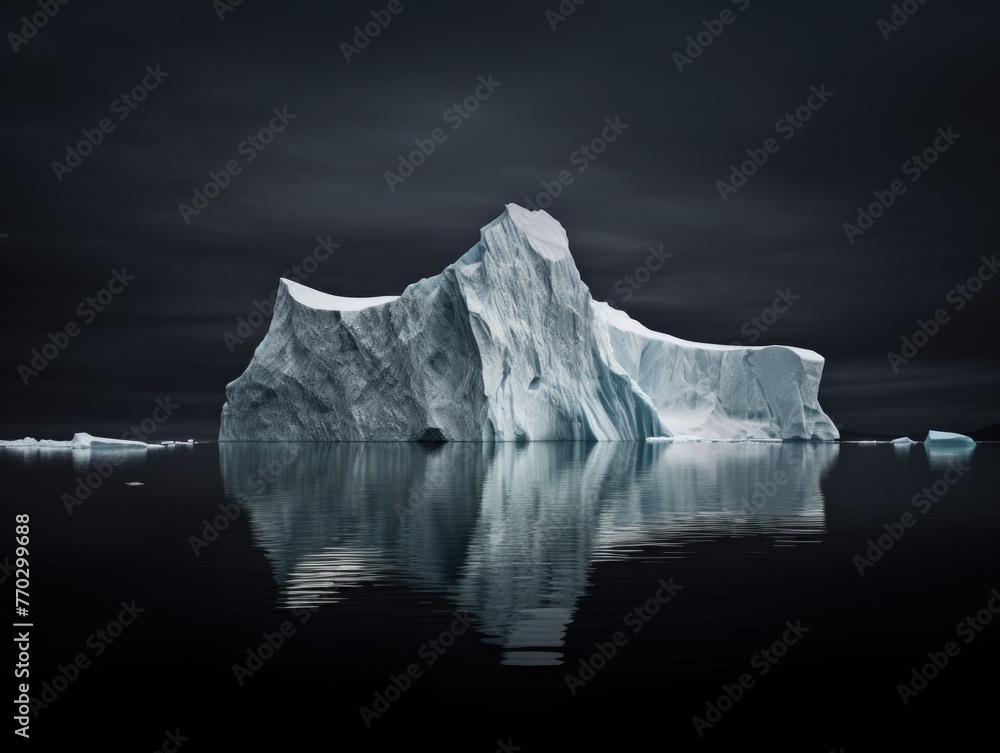 Poster a large ice block is floating in the ocean. the water is dark and the sky is cloudy