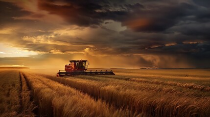 A combine harvester working on a golden wheat field under a dramatic sunset sky.