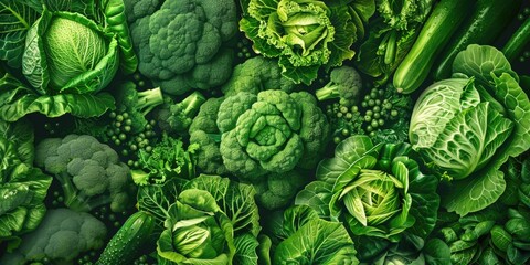 A bunch of green vegetables including broccoli, lettuce, and cabbage. Concept of freshness and healthiness - obrazy, fototapety, plakaty
