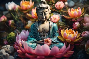 A statue of a Buddha with a flower in his hand sits on a bed of pink flowers. The statue is surrounded by a variety of flowers, including pink, yellow, and white. Concept of peace and tranquility