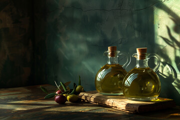 Two bottles of olive oil on the table in a big empty room, a lot of space for copy text for your company and the product advertisement