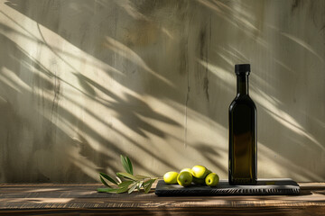 Olives on beautiful background with copy space. Bottle of olive oil, olives and olive branch. No label. Olives on the table, wallpaper with beautiful light and shadows.