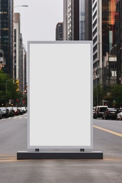 A large white billboard sits on the side of a busy city street. The billboard is empty, with no text or images on it. The scene is set in a bustling urban environment, with cars
