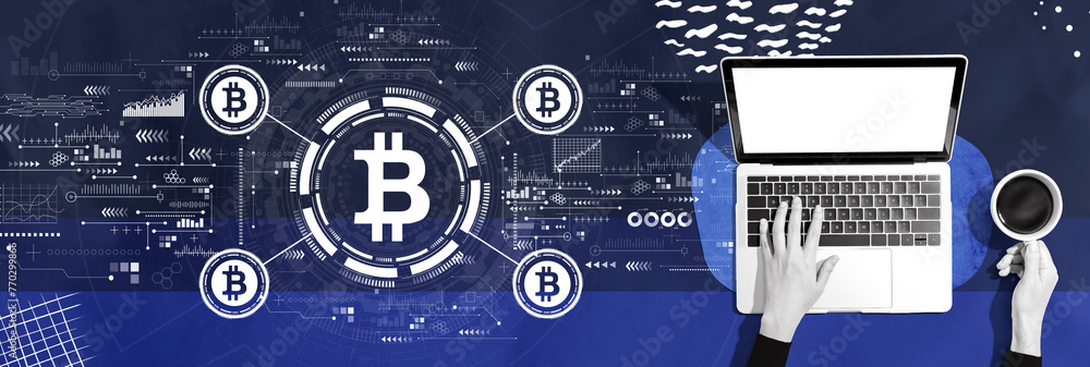Poster bitcoin theme with person using a laptop computer