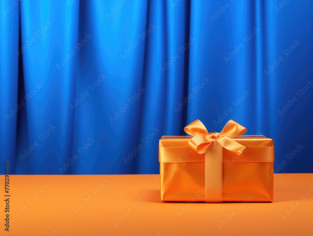 Aufkleber a large orange box with a ribbon sits on a table in front of a blue curtain. the box is wrapped in s