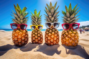 Four pineapples wearing sunglasses on a beach. Scene is fun and lighthearted