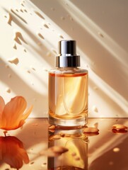 Naklejka premium A bottle of perfume is sitting on a table next to some flowers. The bottle is made of glass and has a spray top. Scene is one of relaxation