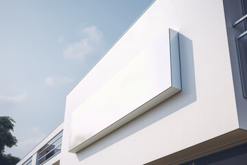 Fototapeta premium A white building with a large white sign on the side. The sign is blank, but it could be for a store or a business. The building is surrounded by trees, which adds a natural element to the scene