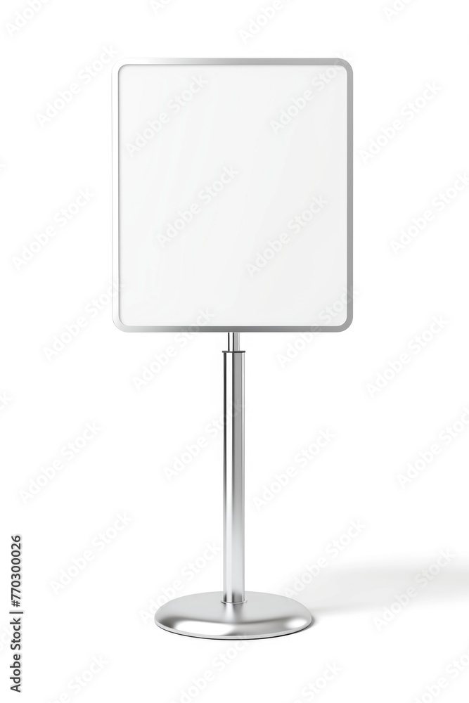 Poster a white sign is on a stand. the sign is empty and has no writing on it. the stand is silver and has 