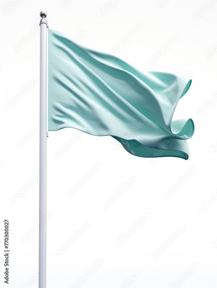 Poster a white flag with a blue stripe is blowing in the wind. the flag is on a pole and is the only object