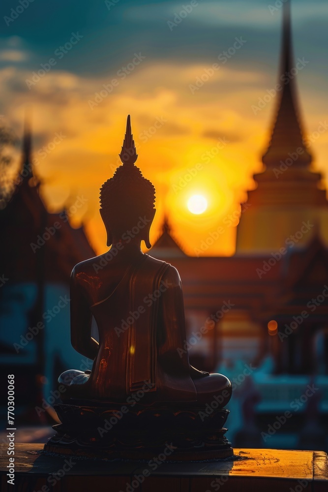Poster a statue of buddha is sitting on a stone platform in front of a building. the sun is setting in the 