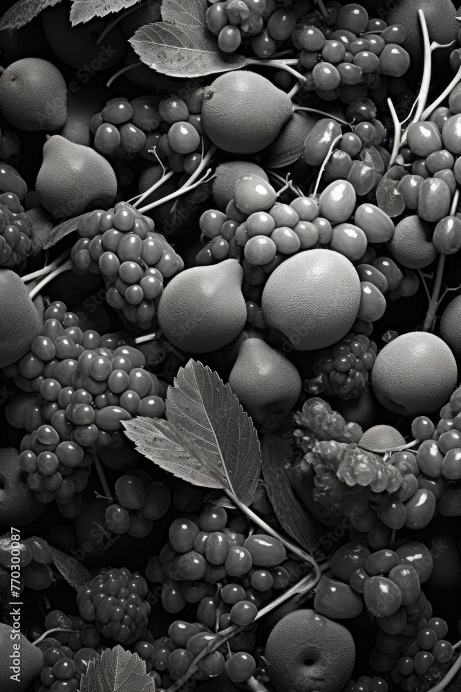 Aufkleber a close up of a bunch of grapes and apples. the image has a moody and mysterious feel to it