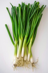 A bunch of green onions with white tips. The onions are fresh and ready to be used in a meal