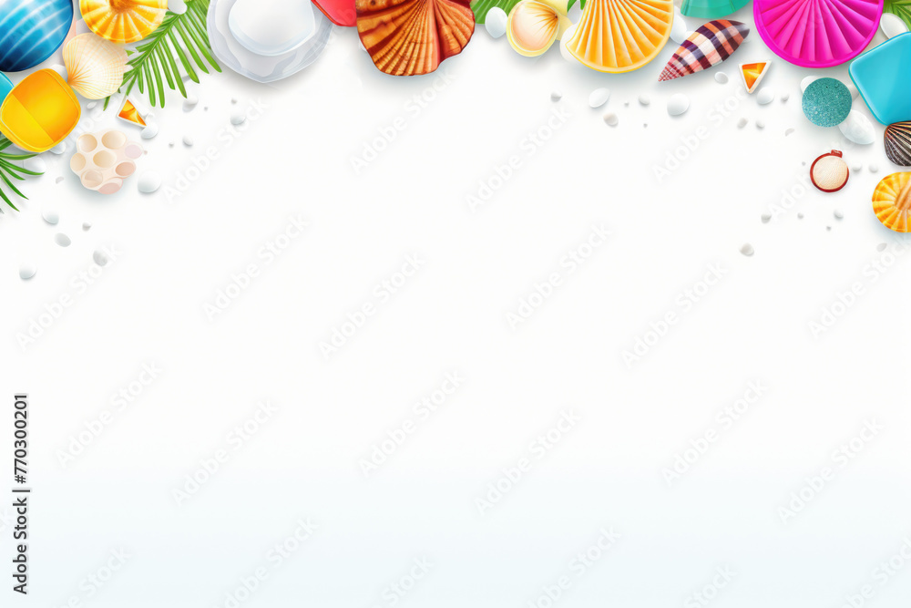 Poster a colorful background with shells and a green leaf. the background is white and the shells are in va