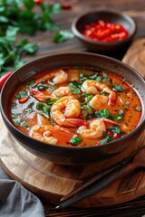 A bowl of shrimp soup with a spoon on a wooden table. The soup is red and has a lot of shrimp in it