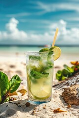 A glass of limeade is sitting on a beach with a straw in it. The drink is cold and refreshing, perfect for a hot day at the beach. The beach setting adds to the relaxing