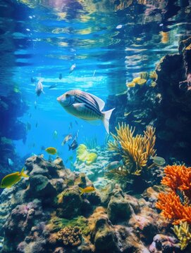 A fish swims in a coral reef with other fish