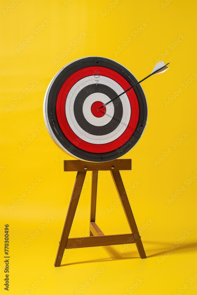 Poster a target with a red bullseye and a black and white arrow pointing to it. the target is on a wooden s
