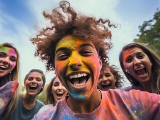A group of people are smiling and wearing colorful face paint. Scene is joyful and celebratory