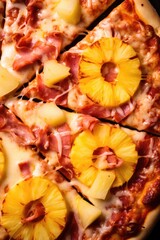 A slice of pizza with pineapple toppings. The pizza is cut into two pieces. The pineapple slices are arranged in a circular pattern on the pizza