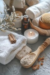 Obraz na płótnie Canvas A wooden spoon is on a table with a candle and some towels. The scene is calming and relaxing, with the candle providing a warm glow and the towels suggesting a spa-like atmosphere