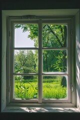A window with a view of a lush green field. The sunlight is shining through the window, creating a warm and inviting atmosphere