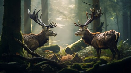 Two stag in the forest during a rut season, staring at camera
 - obrazy, fototapety, plakaty