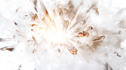 Abstract background with exploding glass crystals on white background, 3D illustration.